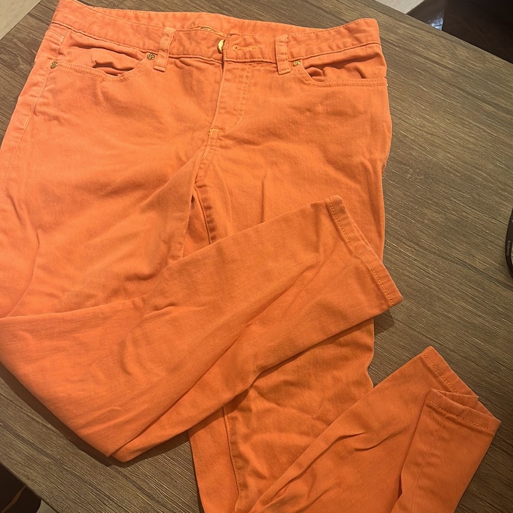 Tory Burch cropped skinny jeans in salmon color